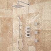 Signature Hardware Ryle Thermostatic Shower System with Rainfall Shower Head, Hand Shower, and 3 Body Sprays - Rough-In Valve Included Brushed Nickel