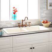 Signature Hardware Selkirk 43" Drop In Double Basin Cast Iron Kitchen Sink with 4 Faucet Holes Biscuit