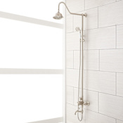 Signature Hardware Dolwick Exposed Pipe Shower System with Rainfall Shower Head, Hand Shower, and Hose Brushed Nickel