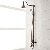 Signature Hardware Dolwick Exposed Pipe Shower System with Rainfall Shower Head, Hand Shower, and Hose Oil Rubbed Bronze