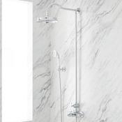 Signature Hardware Cooper Thermostatic Exposed Pipe Shower System with Rainfall Shower Head and Hand Shower- Rough-In Valve Included Chrome