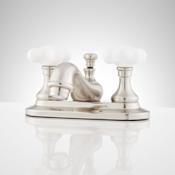Signature Hardware Teapot Centerset Bathroom Faucet with Porcelain Cross Handles and Pop-Up Drain Assembly Brushed Nickel