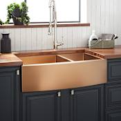 Signature Hardware Atlas 33" Farmhouse 60/40 Double Basin Stainless Steel Kitchen Sink with Curved Apron Bronze