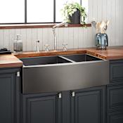Signature Hardware Atlas 36" Farmhouse 60/40 Double Basin Stainless Steel Kitchen Sink with Curved Apron Gunmetal Black