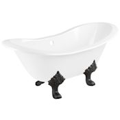 Signature Hardware Arabella 61" Cast Iron Soaking Clawfoot Tub with Pre-Drilled Overflow, Tap Deck and 7" Faucet Holes - Less Drain and Overflow White / Black Feet