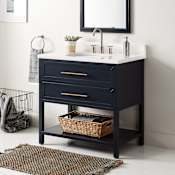 Signature Hardware Robertson 36" Freestanding Mahogany Single Basin Vanity Set with Cabinet, Vanity Top, and Rectangular Undermount Sink - 8" Widespread Faucet Holes Midnight Navy Blue / Arctic White
