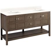 Signature Hardware Olsen 60" Freestanding Double Basin Vanity Set with Cabinet, Vanity Top, and Rectangular Undermount Sinks - Single Faucet Holes Ash Brown / Arctic White