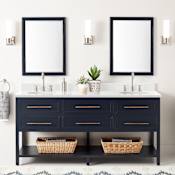 Signature Hardware Robertson 72" Free Standing Double Vanity Cabinet Set with Mahogany Cabinet, Vanity Top and Oval Undermount Sinks - No Faucet Holes Midnight Navy / Feathered White Quartz