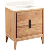 Signature Hardware Aliso 30" Freestanding Teak Single Basin Vanity Set with Cabinet, Vanity Top, and Rectangular Undermount Sink - No Faucet Holes Natural Teak / Arctic White