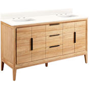 Signature Hardware Aliso 60" Freestanding Teak Double Basin Vanity Set with Cabinet, Vanity Top, and Rectangular Undermount Sinks - 8" Widespread Faucet Holes Natural Teak / Arctic White