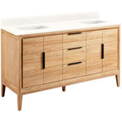 Signature Hardware Aliso 60" Freestanding Teak Double Basin Vanity Set with Cabinet, Vanity Top, and Rectangular Undermount Sinks - No Faucet Holes Natural Teak / Arctic White