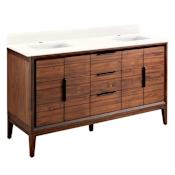 Signature Hardware Aliso 60" Freestanding Teak Double Basin Vanity Set with Cabinet, Vanity Top, and Rectangular Undermount Sinks - Single Faucet Holes Java / Arctic White