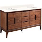 Signature Hardware Aliso 60" Freestanding Teak Double Basin Vanity Set with Cabinet, Vanity Top, and Rectangular Undermount Sinks - 8" Widespread Faucet Holes Java / Arctic White