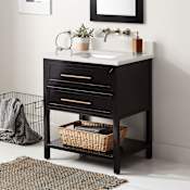 Signature Hardware Robertson 30" Freestanding Mahogany Single Basin Vanity Set with Cabinet, Vanity Top, and Rectangular Undermount Sink - No Faucet Holes Black / Arctic White Quartz