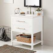 Signature Hardware Robertson 30" Freestanding Mahogany Single Basin Vanity Set with Cabinet, Vanity Top, and Rectangular Undermount Sink - 8" Widespread Faucet Holes Bright White / Arctic White Quartz