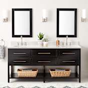 Signature Hardware Robertson 72" Freestanding Mahogany Double Basin Vanity Set with Cabinet, Vanity Top, and Oval Undermount Sinks - 8" Widespread Faucet Holes Black / Arctic White Quartz