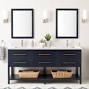 Signature Hardware Robertson 72" Freestanding Mahogany Double Basin Vanity Set with Cabinet, Vanity Top, and Rectangular Undermount Sinks - Single Faucet Holes Midnight Navy / Arctic White Quartz