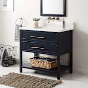 Signature Hardware Robertson 36" Freestanding Mahogany Single Basin Vanity Set with Cabinet, Vanity Top, and Rectangular Undermount Sink - No Faucet Holes Midnight Navy Blue / Arctic White
