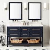 Signature Hardware Robertson 60" Freestanding Mahogany Double Basin Vanity Set with Cabinet, Vanity Top, and Rectangular Undermount Sinks - No Faucet Holes Midnight Navy Blue / Arctic Snow