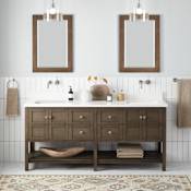 Signature Hardware Olsen 72" Freestanding Double Basin Vanity Set with Cabinet, Vanity Top, and Rectangular Undermount Sinks - No Faucet Holes Ash Brown / Arctic White