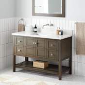 Signature Hardware Olsen 48" Freestanding Single Basin Vanity Set with Cabinet, Vanity Top, and Rectangular Undermount Sink - No Faucet Holes Ash Brown / Arctic White