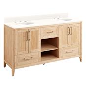 Signature Hardware Burfield 60" Freestanding Double Basin Vanity Set with Bamboo Cabinet, Vanity Top, and Oval Undermount Sinks - 8" Widespread Faucet Holes Natural Bamboo / Arctic White