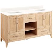 Signature Hardware Burfield 60" Freestanding Double Basin Vanity Set with Bamboo Cabinet, Vanity Top, and Rectangular Undermount Sinks - No Faucet Holes Natural Bamboo / Arctic White