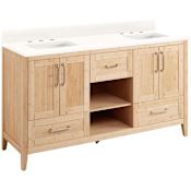 Signature Hardware Burfield 60" Freestanding Double Basin Vanity Set with Bamboo Cabinet, Vanity Top, and Rectangular Undermount Sinks - 8" Widespread Faucet Holes Natural Bamboo / Arctic White