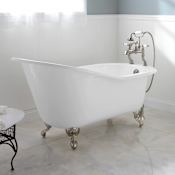 Signature Hardware Callaway 61" Cast Iron Soaking Clawfoot Tub with Tap Deck and External Drain and Overflow White / White Feet
