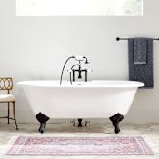 Signature Hardware Sanford 60" Cast Iron Soaking Clawfoot Tub with Tap Deck, 7" Faucet Holes and External Drain and Overflow White / Brushed Nickel Feet