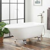 Signature Hardware Miya 61" Cast Iron Soaking Clawfoot Tub with Tap Deck, 7" Rim Faucet Holes and External Drain and Overflow White / Brushed Nickel Feet