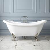 Signature Hardware Rosalind 69" Acrylic Soaking Clawfoot Tub with Lion Paw Feet, Tap Deck and External Drain and Overflow White / Brushed Nickel Feet