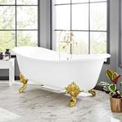 Signature Hardware 72" Lena Cast Iron Double-Slipper Clawfoot Soaking Tub - Rolled Rim - Feet and Drain White / Black Feet