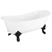 Signature Hardware Lena 59" Cast Iron Soaking Clawfoot Tub with Rolled Rim with External Drain and Overflow - Less Faucet Holes White / Black Feet