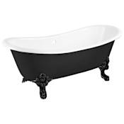 Signature Hardware 72" Lena Cast Iron Double-Slipper Clawfoot Soaking Tub - Rolled Rim -Drain Black / Black Feet