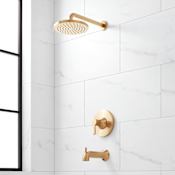 Signature Hardware Lentz Pressure Balanced Tub and Shower Package with Rainfall Shower Head, Lever Handles, Shower Arm, and Valve Trim - Accufit Rough-In Valve Included Brushed Gold
