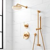 Signature Hardware Lentz Pressure Balanced Shower System with Rainfall Shower Head, Lever Handles, Hand Shower, Slide Bar, Shower Arm, Hose, and Valve Trim - Accufit Rough-In Valve Included Brushed Gold