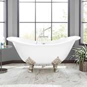 Signature Hardware 72" Arabella Cast Iron Double-Slipper Clawfoot Tub - 7" Rim Holes - Feet and Drain White / Brushed Nickel