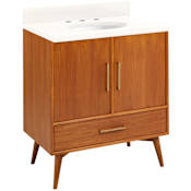 Signature Hardware Novak 30" Freestanding Teak Single Basin Vanity Set with Cabinet, Vanity Top, and Oval Undermount Sink - 8" Widespread Faucet Holes Teak / Arctic White