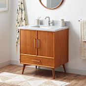 Signature Hardware Novak 30" Freestanding Teak Single Basin Vanity Set with Cabinet, Vanity Top, and Rectangular Undermount Sink - Single Faucet Hole Teak / Carrara Marble