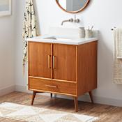Signature Hardware Novak 30" Freestanding Teak Single Basin Vanity Set with Cabinet, Vanity Top, and Rectangular Undermount Sink - No Faucet Holes Teak / Arctic White