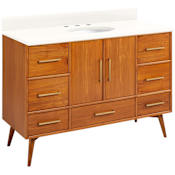 Signature Hardware Novak 48" Freestanding Teak Single Basin Vanity Set with Cabinet, Vanity Top, and Oval Undermount Sink - 8" Widespread Faucet Holes Teak / Arctic White