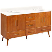 Signature Hardware Novak 60" Freestanding Teak Double Basin Vanity Set with Cabinet, Vanity Top, and Oval Undermount Sinks - 8" Widespread Faucet Holes Teak / Arctic White