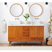 Signature Hardware Novak 60" Freestanding Teak Double Basin Vanity Set with Cabinet, Vanity Top, and Rectangular Undermount Sinks - No Faucet Holes Teak / Arctic White