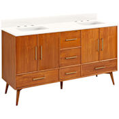 Signature Hardware Novak 60" Freestanding Teak Double Basin Vanity Set with Cabinet, Vanity Top, and Rectangular Undermount Sinks - 8" Widespread Faucet Holes Teak / Arctic White