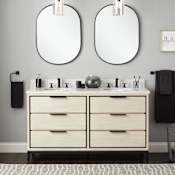 Signature Hardware Hytes 60" Freestanding Mahogany Double Basin Vanity Set with Cabinet, Vanity Top, and Oval Undermount Sink - 8" Widespread Faucet Holes Sky Gray / Carrara Marble