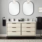 Signature Hardware Hytes 60" Freestanding Mahogany Double Basin Vanity Set with Cabinet, Vanity Top, and Rectangular Undermount Sink - Single Faucet Holes Sky Gray / Carrara Marble