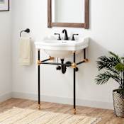 Signature Hardware Cierra 24" Porcelain Console Sink with Brass Base and 3 Faucet Holes at 8" Centers Matte Black / Brushed Gold