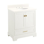 Signature Hardware Quen 30" Freestanding Single Basin Vanity Set with Cabinet, Vanity Top, and Oval Undermount Sink - 8" Widespread Faucet Holes Soft White / Arctic White