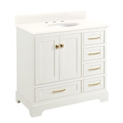 Signature Hardware Quen 36" Freestanding Single Basin Vanity Set with Cabinet, Vanity Top, and Oval Undermount Sink - 8" Widespread Faucet Holes Soft White / Arctic White